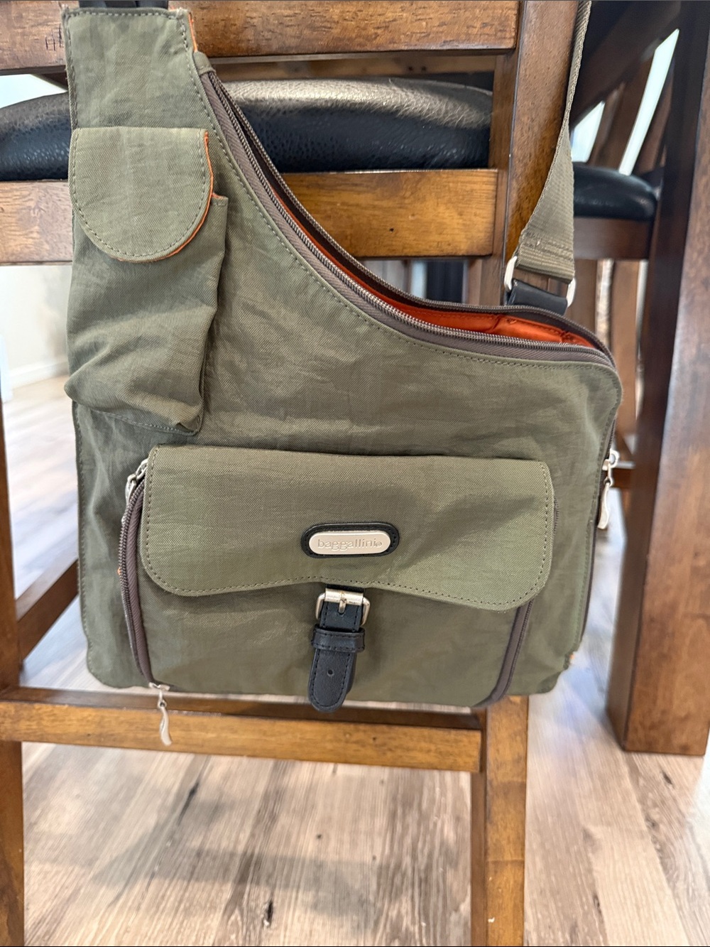 Baggallini Olive Green Crossbody Sling Bag with Orange Lining